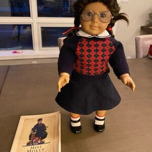 American Girl Molly McIntire 18” Doll with Red and Navy Sweater